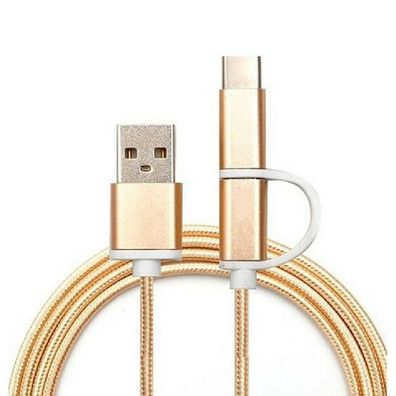 2in1 1m Nylon Lightning Daten-/ Kabel für iPhone 5 SE 6 7 8 X & Micro USB-B gold