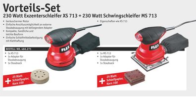 Flex Exenterschleifer XS 713 + Schwingsschleifer MS 713 + 2×25 Blatt Schleifpapier
