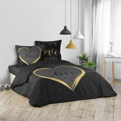 3tlg. Bettwäsche 200x200 Bettdecke Set Garnitur Kissen Übergröße schwarz gold