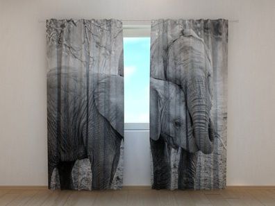 Fotogardine junge Elefanten, Fotovorhang mit Motiv, Fotodruck, Gardine auf Maß