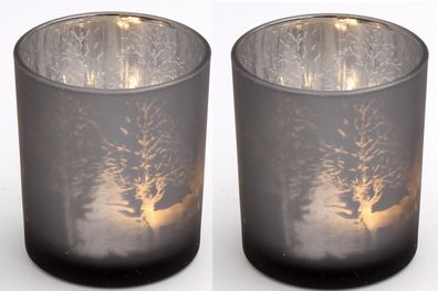 2er Set Windlicht grau Deko H=8cm Wald Teelicht Kerze Waldmotiv Glas Weihnachten