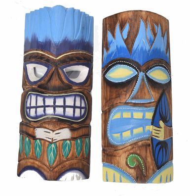 2 Tiki Masken 30cm 2er Set Tiki Maske Holzmaske Wandmasken blau