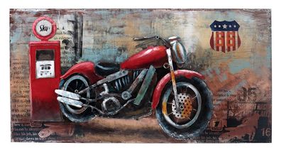 Handgefertigtes Metallbild Motorcycle Gas Station Red ca. 70x140 cm 3D-Optik Wandbild