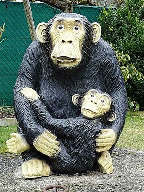 XL Schimpanse MIT BABY Lebensgross AFFE DELUXE DEKO 85 cm hoch Garten-Deko-Figur