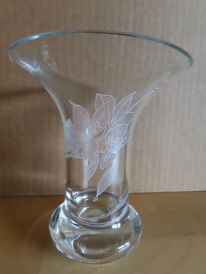Vase glas klar mit Blumen Druck breiter Rand ca.14cm hoch/ Leonarde