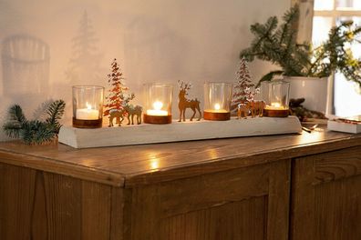 Kerzen Teelicht Halter Winterzauber Tanne Hirsch Schnee Metall Rostdesign Holz 48 cm