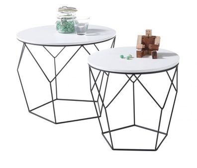 Couchtisch Beistelltisch 2er Set in weiß Lack schwarz 2x Wohnzimmer Tisch Haiti rund