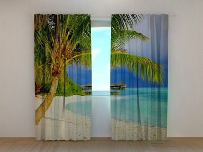 Fotogardine tropischer Strand mit Palmen, Fotovorhang mit Motiv, Fotodruck, auf Maß