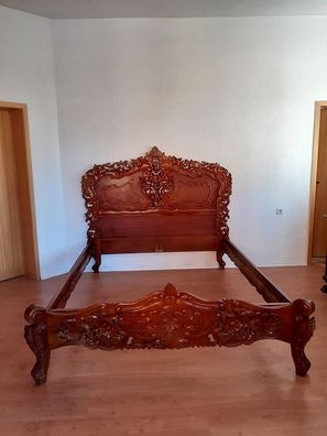 Bett Doppelbett Ehebett B160 x L200 Mahagoni Holz Braun Schnitzerei Rokokostil