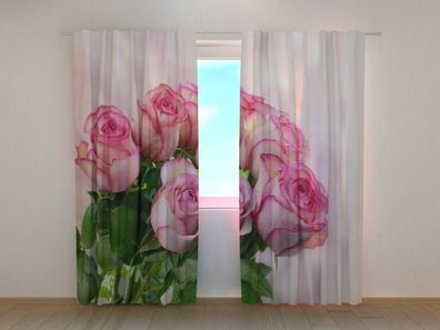 Fotogardine pinker Rosenstrauß, Fotovorhang mit Motiv, Fotodruck, Gardine auf Maß