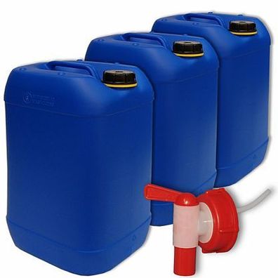 Plasteo 3x25L Kanister blau + Hahn 25 L Getränkekanister Trinkwasser