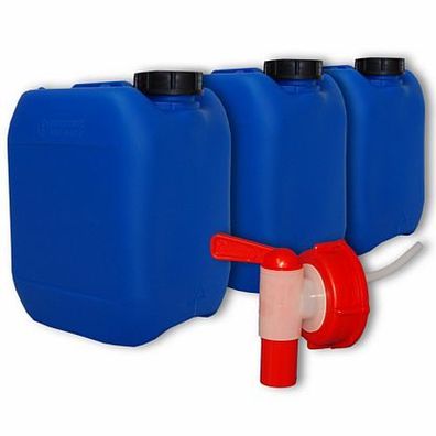 Plasteo 3x5L Wasserkanister blau + 1x AFT-Hahn, Behälter Trinkwasser
