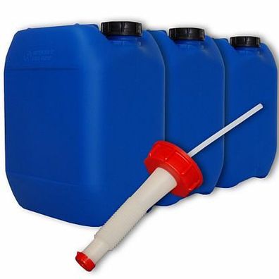 Plasteo 3x10L Wasserkanister blau + 1x Ausgießer DIN51 Trinkwasser Öl