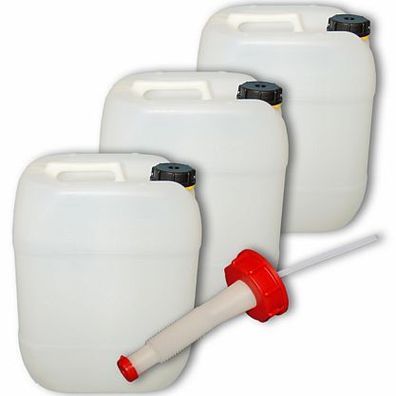 Plasteo 3x 20 L Wasserkanister, Plastekanister, Kanister + Ausgießer flexibel DIN 61