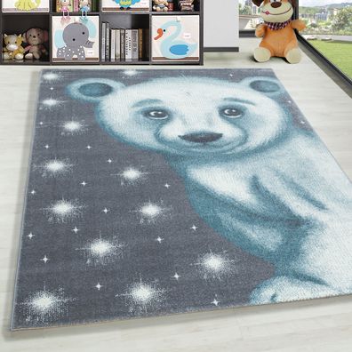 Kinderteppich Kurzflor Eisbär Kinderzimmer Babyzimmer Teppich Grau Blau