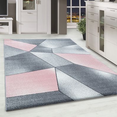 Kurzflor Designer Teppich Abstrakt Gemustert Wohnteppich Grau Pink Weiss Meliert