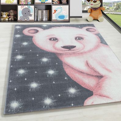 Kinderteppich Kurzflor Eisbär Design Kinderzimmer Babyzimmer Teppich Grau Pink