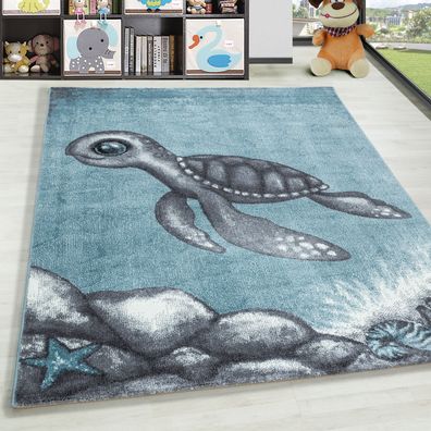 Kurzflor Kinderteppich Schildkröte Kinderzimmer Teppich Soft Grau Blau Meliert