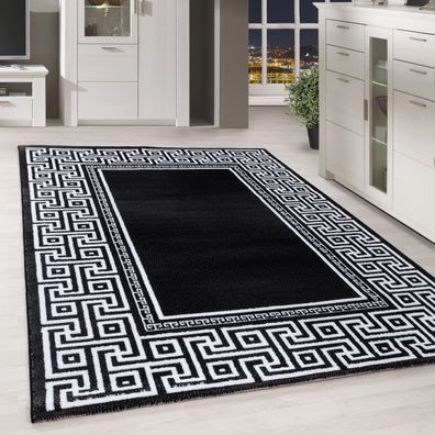 Moderner Kurzflor Teppich Griechiches Muster Bordüre Wohnzimmer Schwarz Meliert