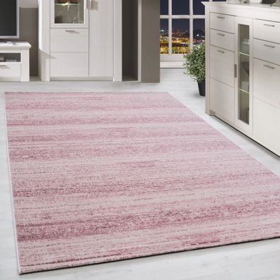 Kurzflor Teppich Einfarbig Streifen Muster Rosa Weiss Meliert Wohnzimmerteppich