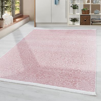 Waschbar Teppich Einfarbig Modern Barock Muster Rutschfest Soft Weich in Rose