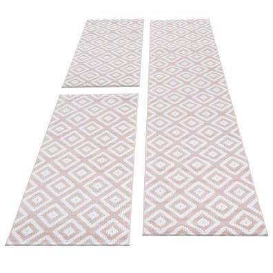 Teppich Bettumrandung 3-teilig Kurzflor Läuferset Karo Muster Pink Weiss Meliert