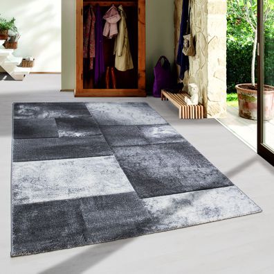 Kurzflor Teppich Wohnzimmerteppich Design Rechteck Karo Muster Grau Meliert