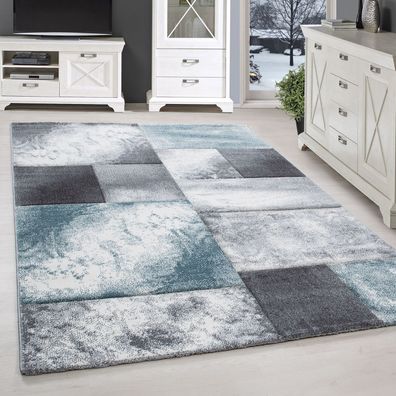 Kurzflor Teppich Wohnzimmerteppich Design Rechteck Karo Muster Blau Weiß Meliert