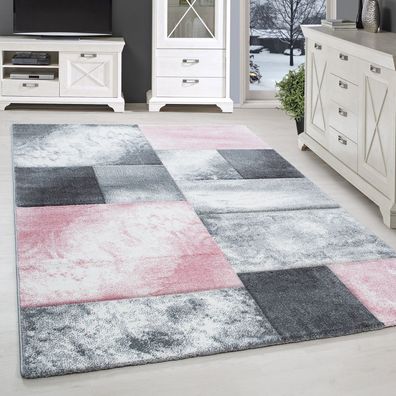 Kurzflor Teppich Wohnzimmerteppich Design Rechteck Karo Muster Rosa Weiß Meliert