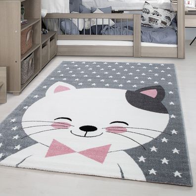 Kinderteppich Kinderzimmer Babyzimmer Kurzflor Katze Lächeln Grau Pink Meliert