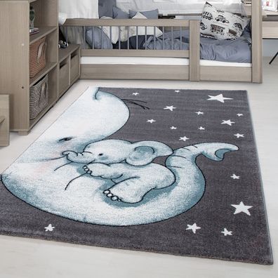 Kinderteppich Kinderzimmer Babyzimmer Kurzflor Elefanten Mama Grau Blau Meliert