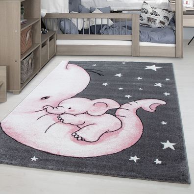 Kinderteppich Kinderzimmer Babyzimmer Kurzflor Elefanten Mama Grau Pink Meliert