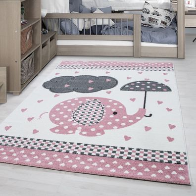 Elefant mit Regenschirm Kurzflor Kinderteppich Babyzimmer Teppich Grau Rosa