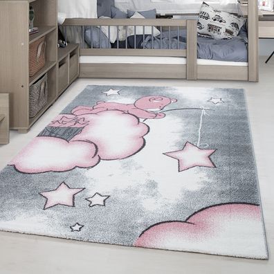 Bärchen Wolken Kurzflor Kinderteppich Kinderzimmer Babyzimmer Teppich Grau Pink