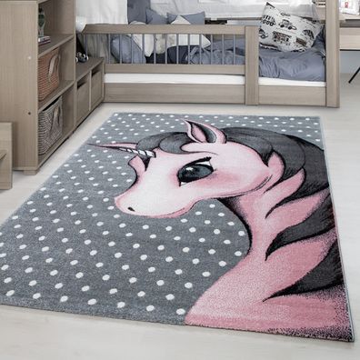 Einhorn Baby Kurzflor Kinderteppich Kinderzimmer Babyzimmer Teppich Grau Pink