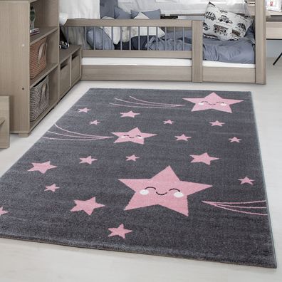 Sternschnuppe Sterne Kurzflor Kinderteppich Soft Babyzimmerteppich Grau Pink
