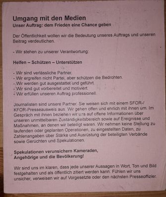 Taschenkarte Bundeswehr "Umgang mit den Medien"