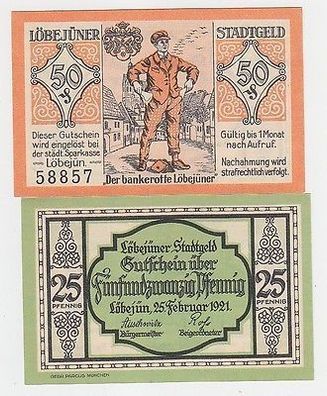 2 Banknoten Notgeld Stadt Löbejün 1921