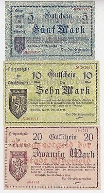 3 Banknoten 5, 10 und 20 Mark Groß-Notgeld Stadt Elberfeld 1918