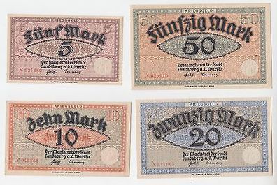 4 Banknoten 5, 10, 20 und 50 Mark Groß-Notgeld Stadt Landsberg an der Warthe