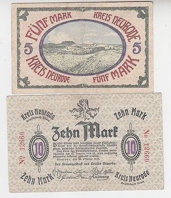 2 Banknoten 5 und 10 Mark Groß-Notgeld Kreis Neurode 1918