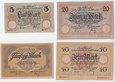 4 Banknoten 5, 10, 20 und 50 Mark Groß-Notgeld Stadt Dresden 1918