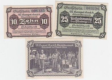 3 Banknoten Notgeld Schildhorst W. Hampel GmbH Glashüttenwerk 1920
