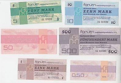 6 kassenfrische Banknoten Forumschecks DDR 1979