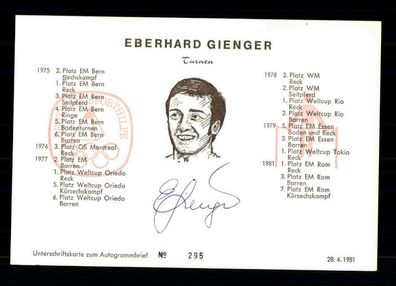 Eberhard Gienger Autogrammkarte Original Signiert Turnen ## BC G 30674
