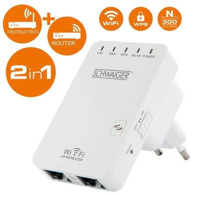 Schwaiger 2 in 1 Wireless Mini Repeater Router Multifunktional mit WiFi-Funktion
