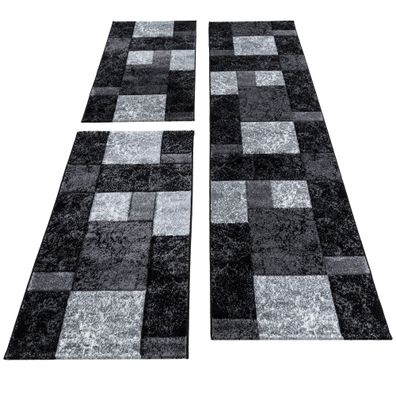 Bettumrandung Läufer Teppich Modern Karo Muster 3 Teilig Schwarz Grau Weiß