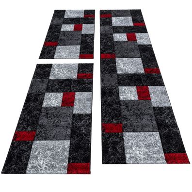 Kurzflor Teppich Läufer Set 3-teilig Bettumrandung Kachel Design Rot meliert