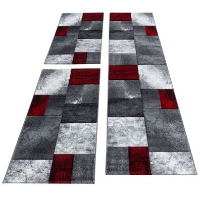 Kurzflor Teppich Läufer 3-teilig Bettumrandung Kachel Muster Rot Grau Meliert