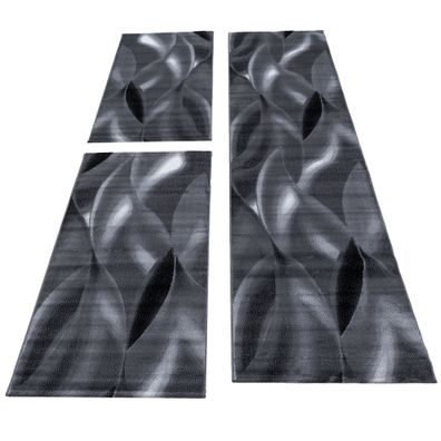 Teppich Läuferset 3-teilige Bettumrandung Wellen Schatten Muster Schwarz Grau